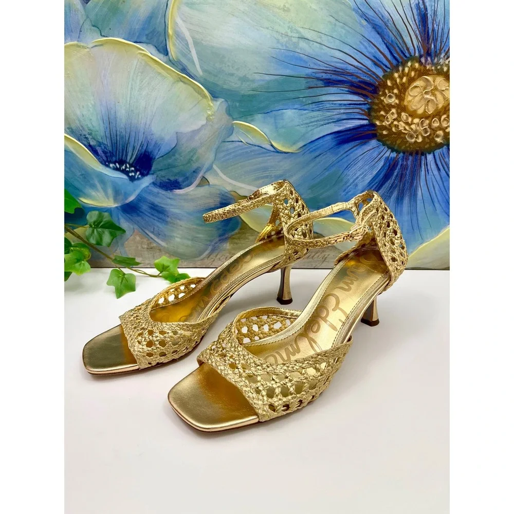 New Sam Edelman Gold Woven Kitten Heels Metallic Strappy Square Toe Sandals 8.5